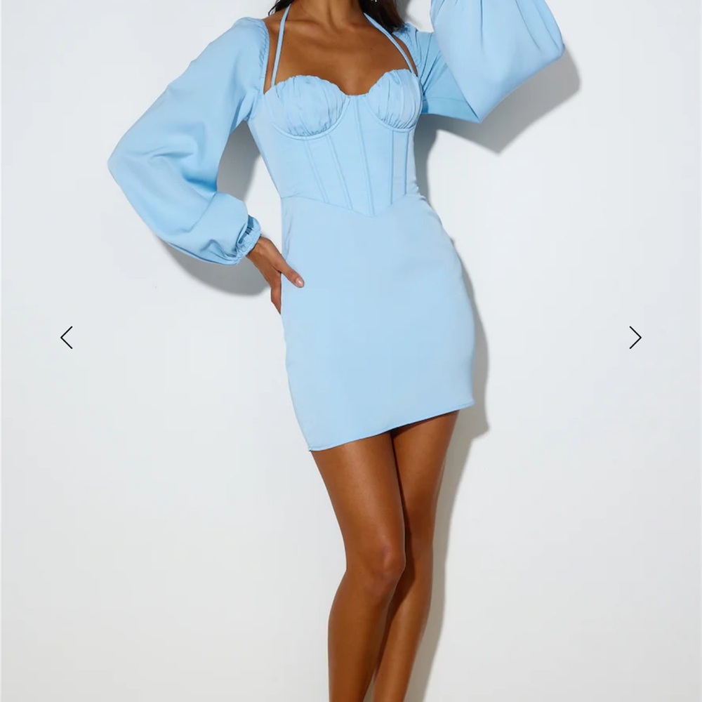 Hello Molly Blue Bodycon Dress with Bishop Sleeves